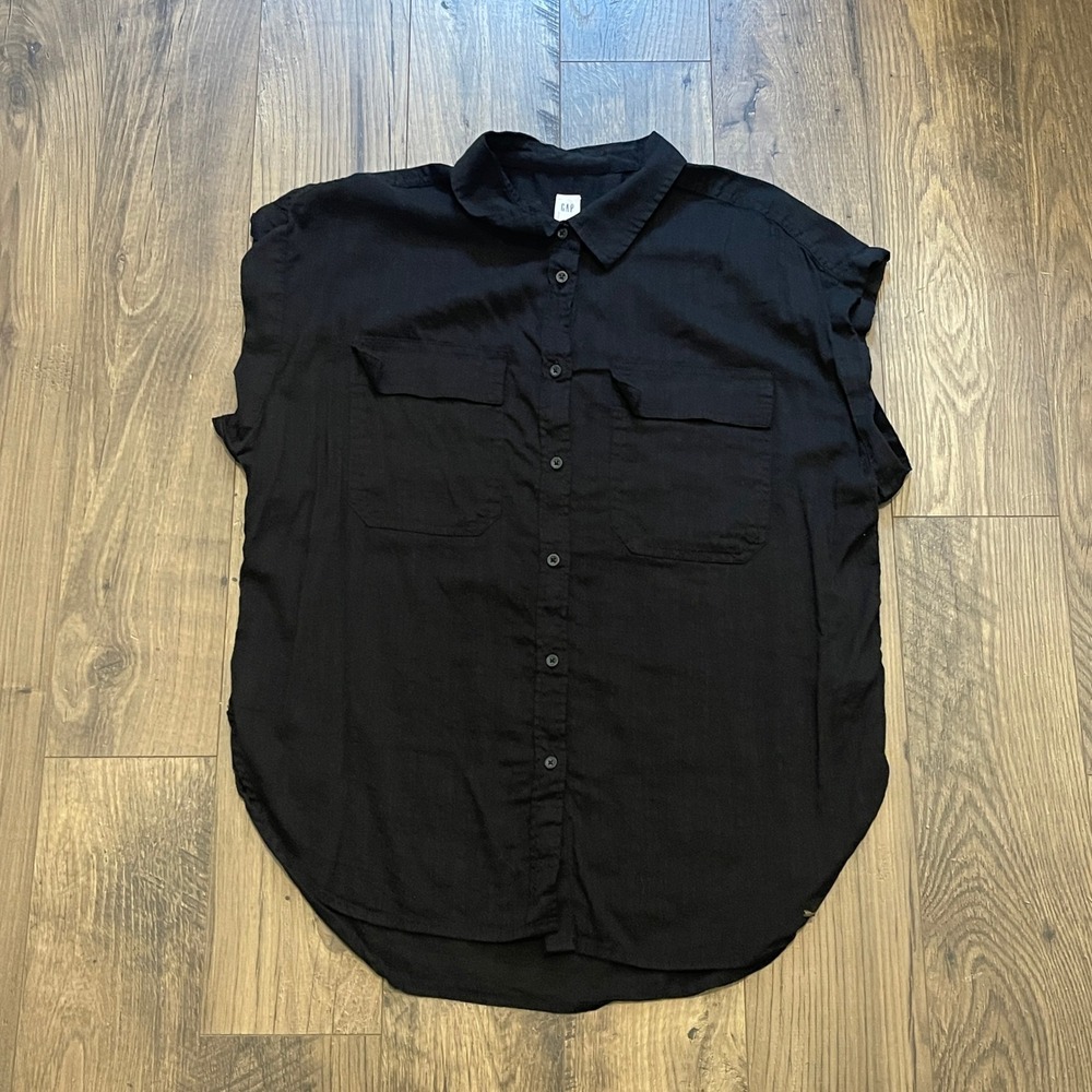 Gap Womens Black Short Cap Sleeve Button Down Utility Shirt Size M Pocket Front